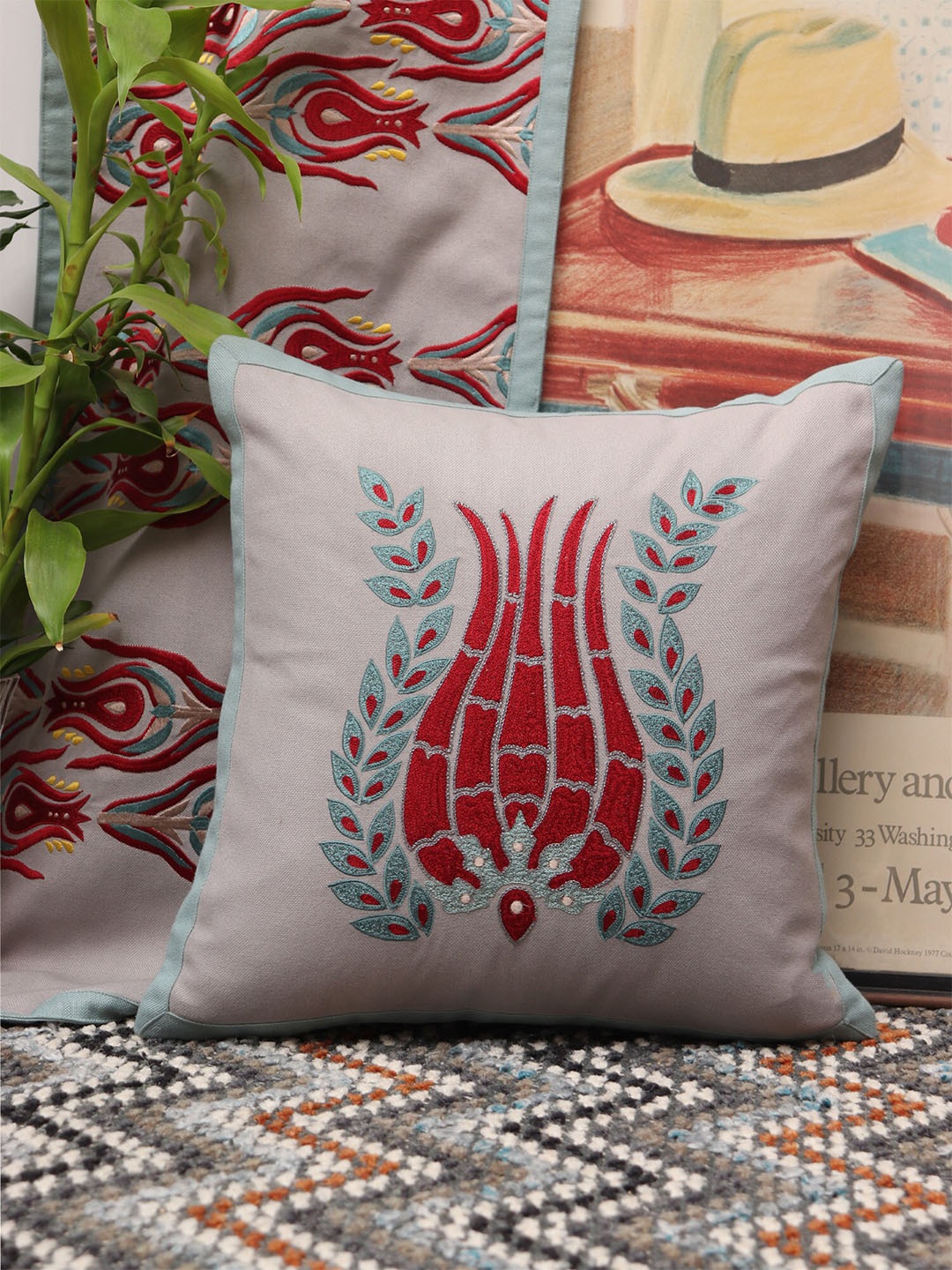 

ZEBA Grey & Red Cotton Embroidered Square Cushion Covers