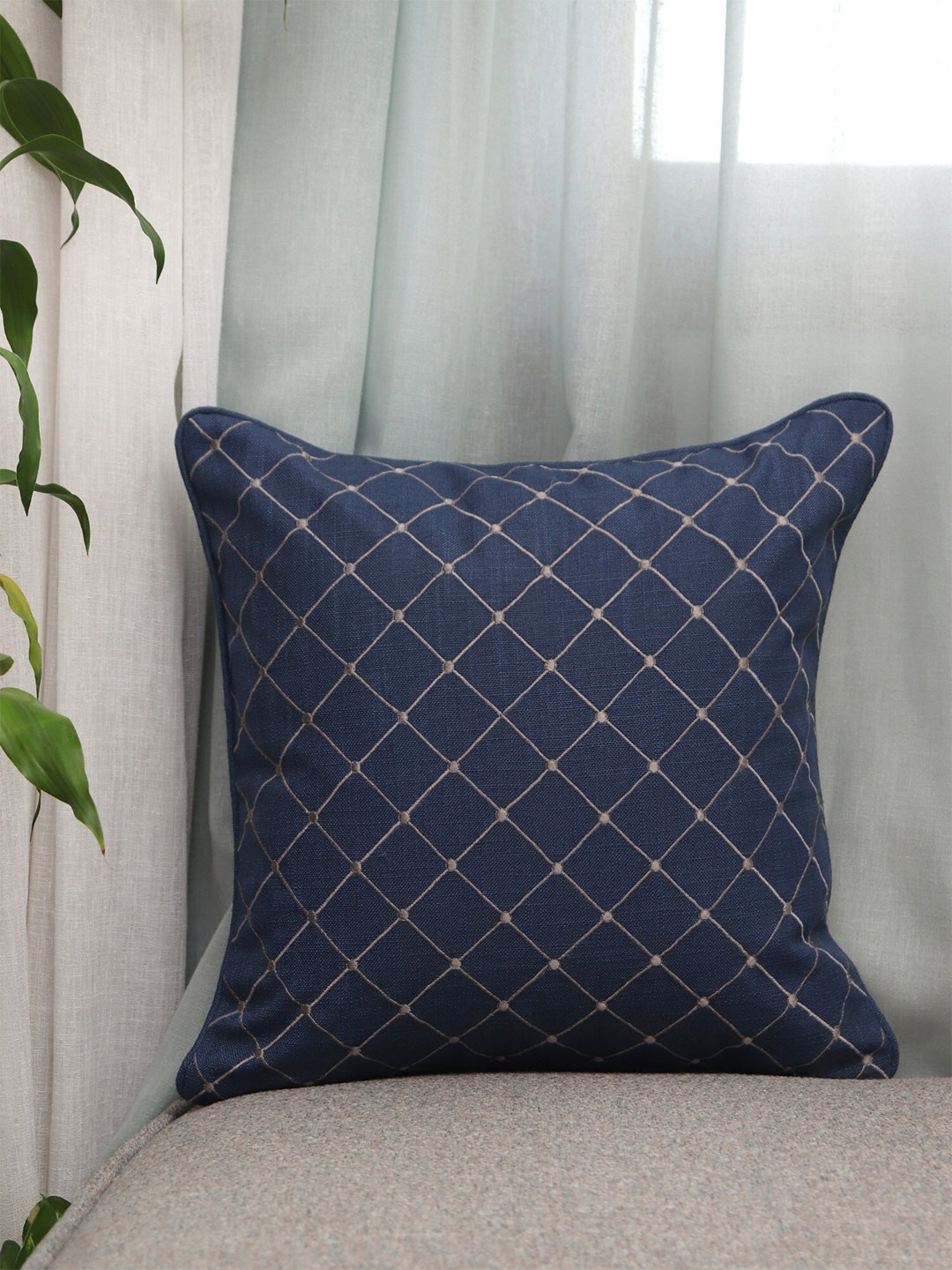 

ZEBA Luxe Collection Blue & Beige Embroidered Square Cushion Cover