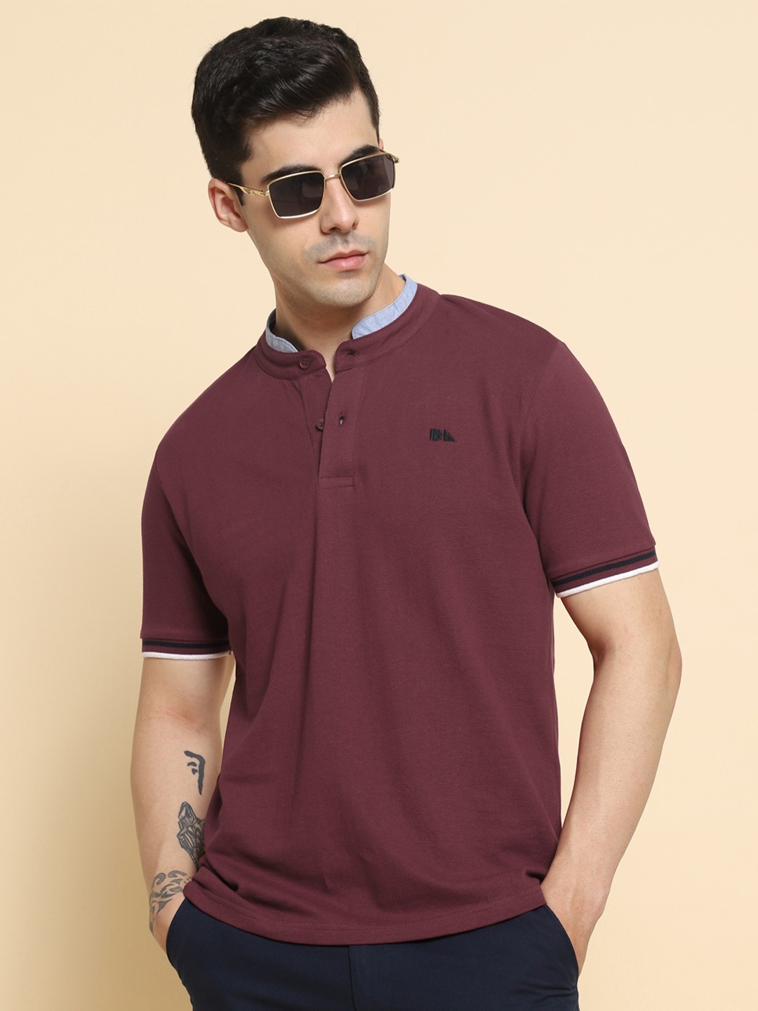 

Dennis Lingo Mandarin Collar Slim Fit Cotton T-shirt, Maroon