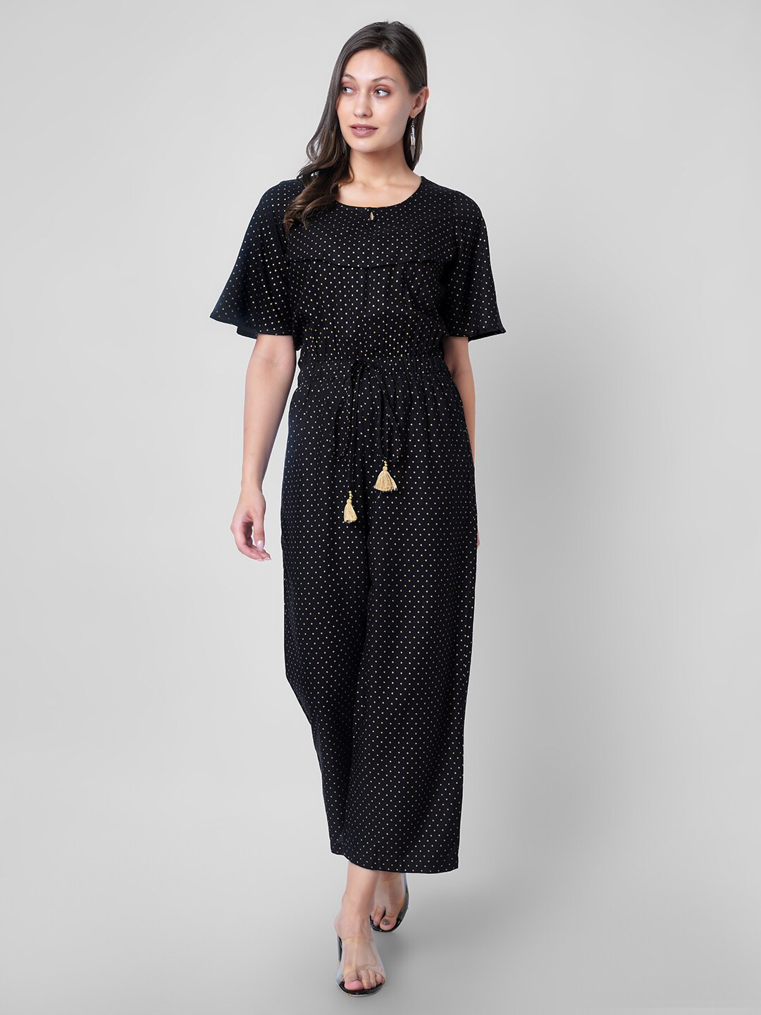 

VASANT APPAREL Polka Dot Printed Waist Tie-Up Detail Jumpsuit, Black