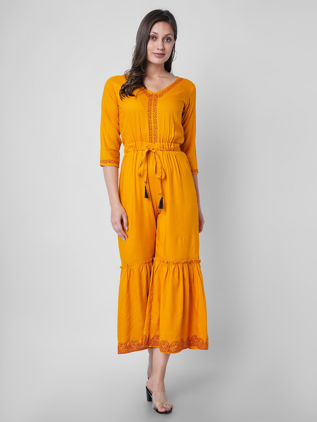 

VASANT APPAREL Printed Waist Tie-Up Detail V-Neck Basic Jumpsuit, Mustard