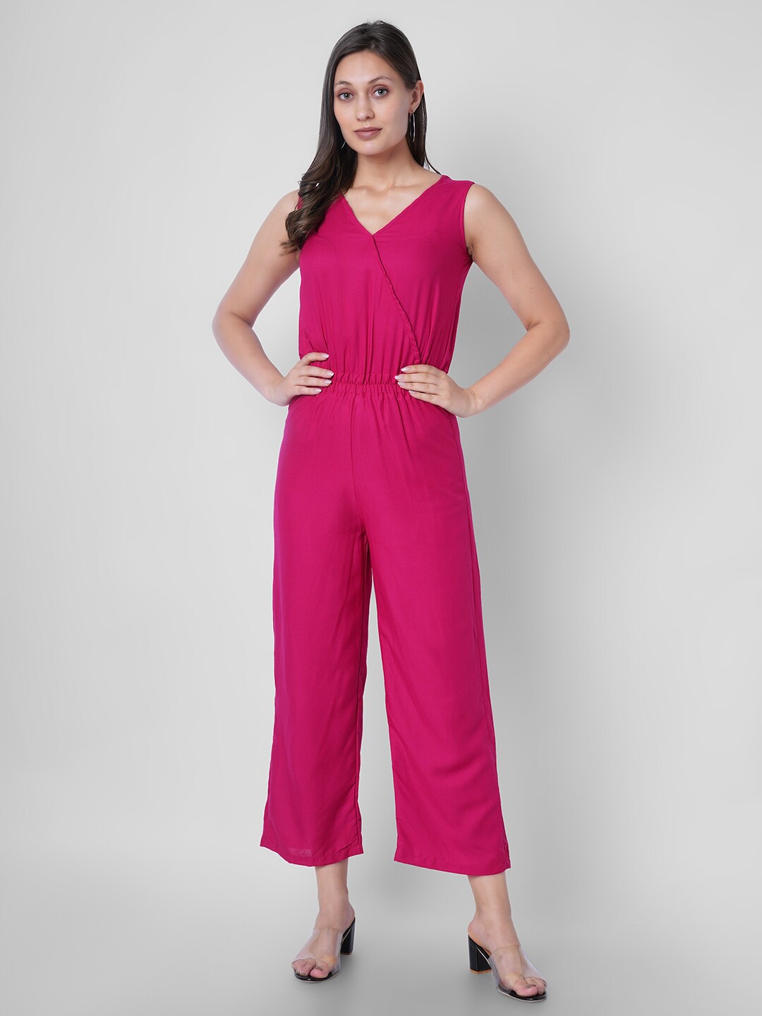 

VASANT APPAREL Gathered V-Neck Basic Jumpsuit, Pink