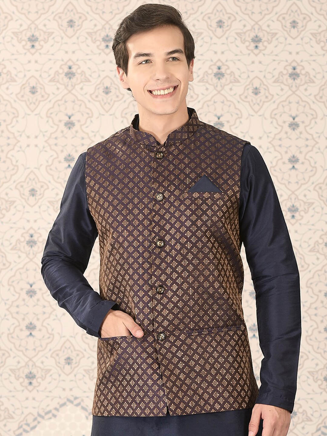 

Ode by House of Pataudi Navy Blue Floral Woven Design Nehru Jacket