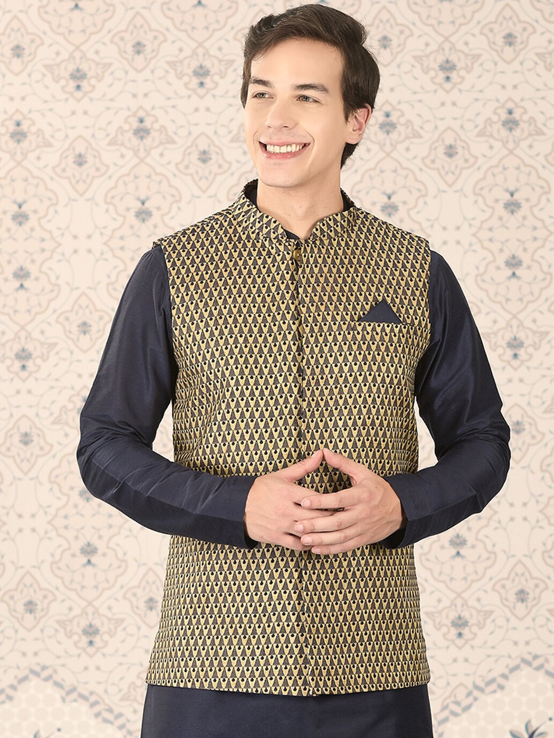 

Ode by House of Pataudi Hangup Plus Navy Blue Woven Design Nehru Jacket