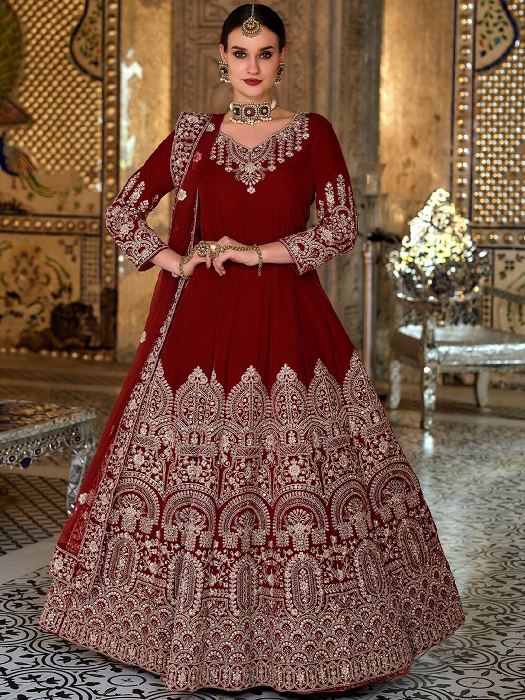 

ODETTE Ethnic Motifs Embroidered Sequinned Anarkali Kurta With Legging & Dupatta, Maroon