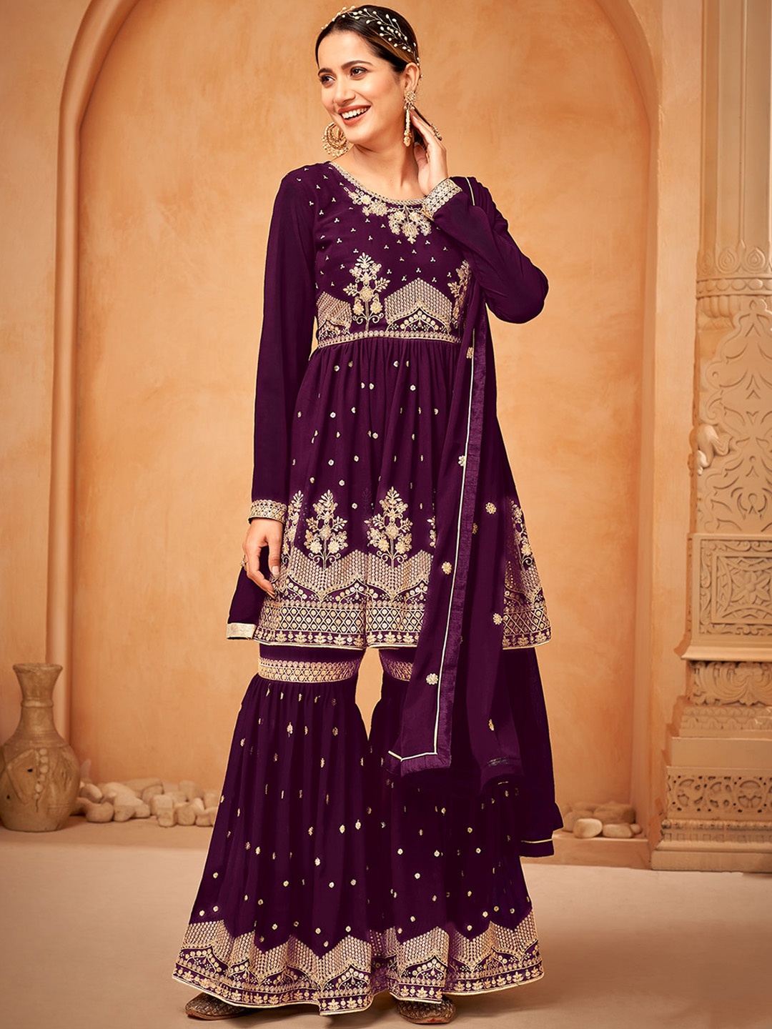 

ODETTE Ethnic Motifs Embroidered Sequinned Kurta With Sharara & Dupatta, Purple