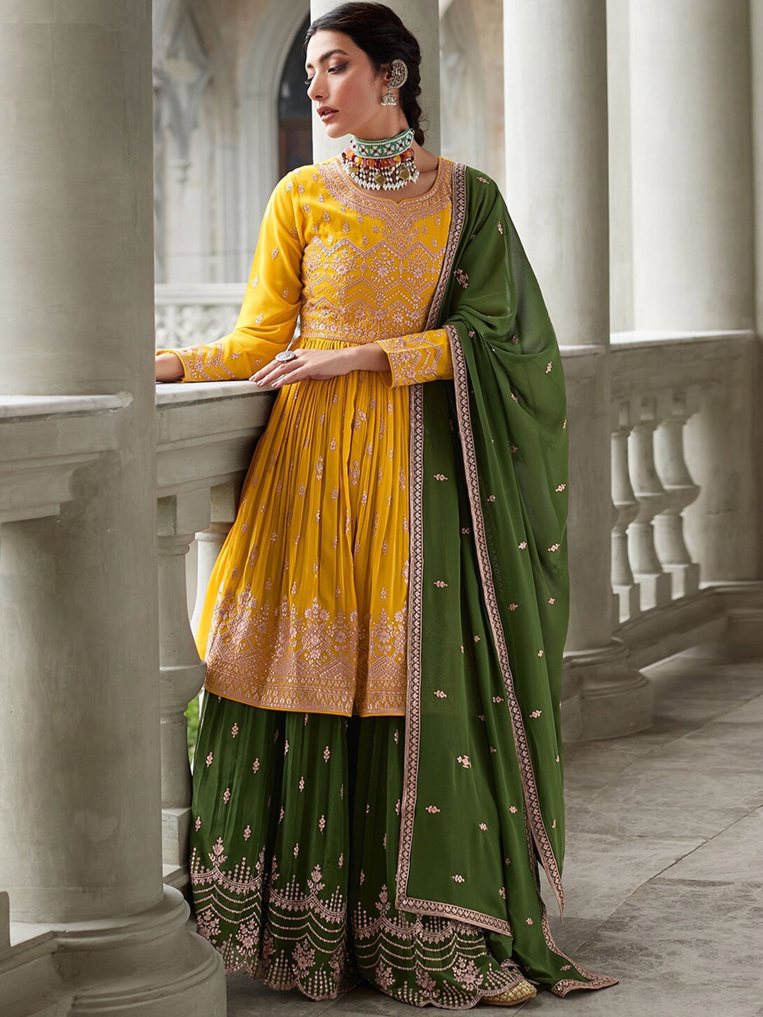 

ODETTE Ethnic Motifs Embroidered Sequinned Kurta with Palazzos & Dupatta, Mustard