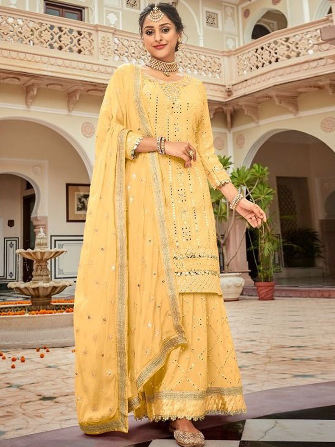 

ODETTE Ethnic Motifs Embroidered Sequined Mirror Work Kurta with Sharara & Dupatta, Mustard
