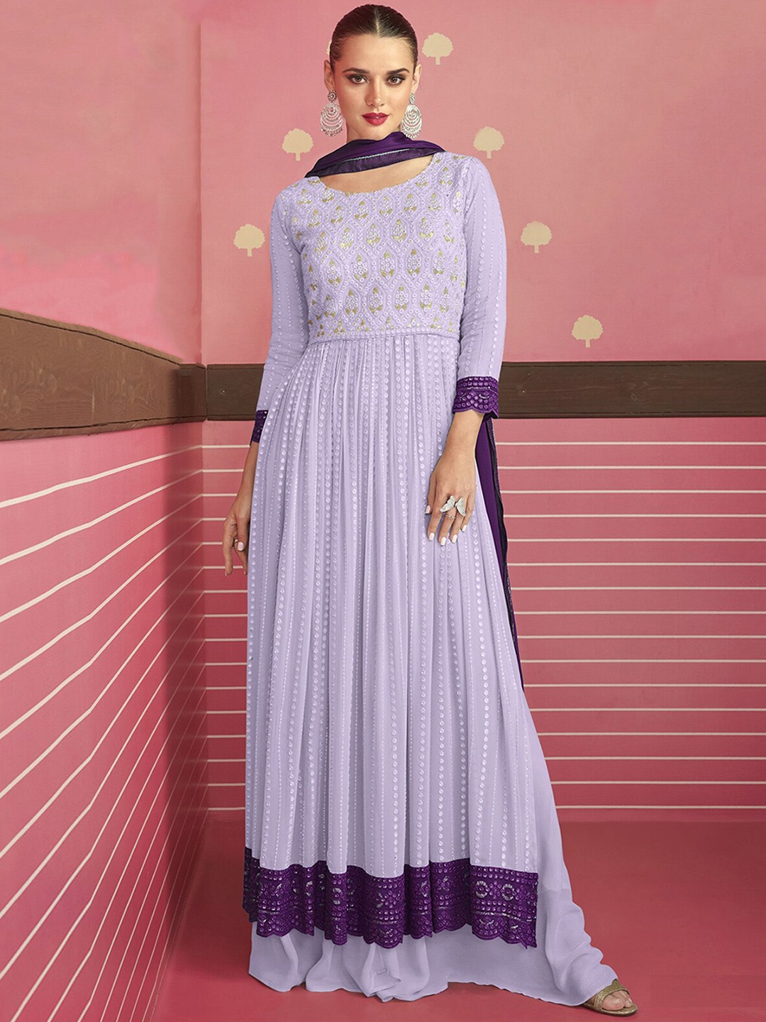 

ODETTE Ethnic Motifs Embroidered Mirror Work Sequined Kurta with Skirt & Dupatta, Lavender