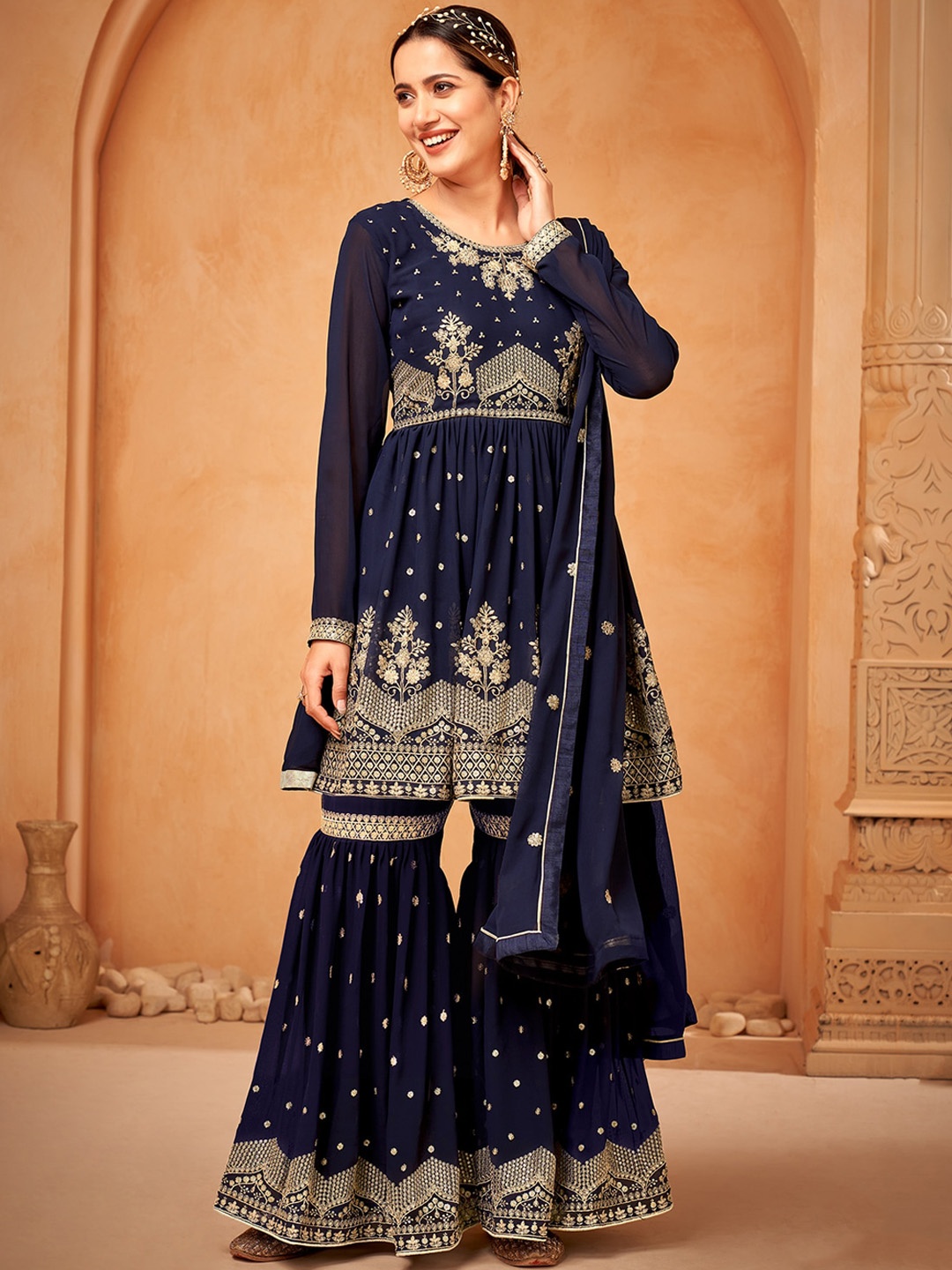 

ODETTE Ethnic Motifs Embroidered Semi Stitched Dress Material, Navy blue