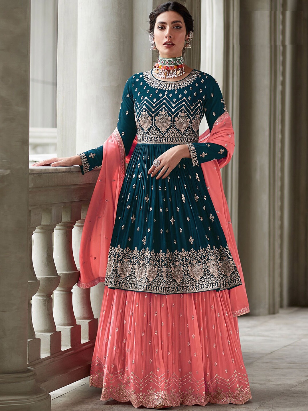 

ODETTE Floral Embroidered Pleated Sequined Kurta with Skirt & Dupatta, Teal