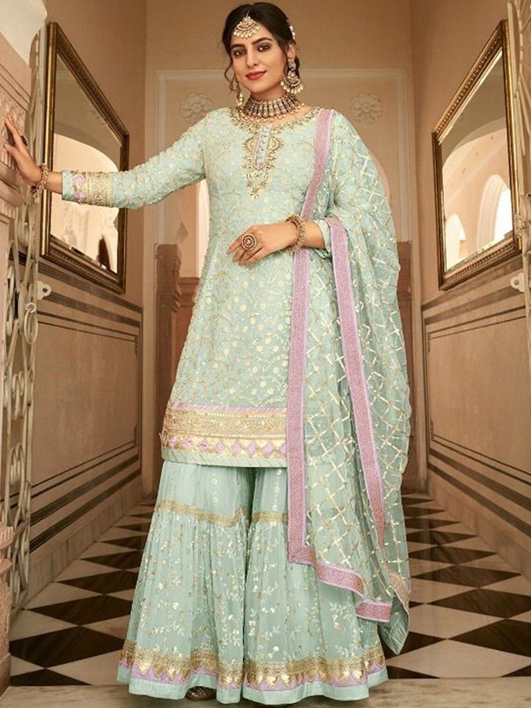 

ODETTE Ethnic Motifs Woven Design Sequinned Zari Kurta with Sharara & Dupatta, Sea green