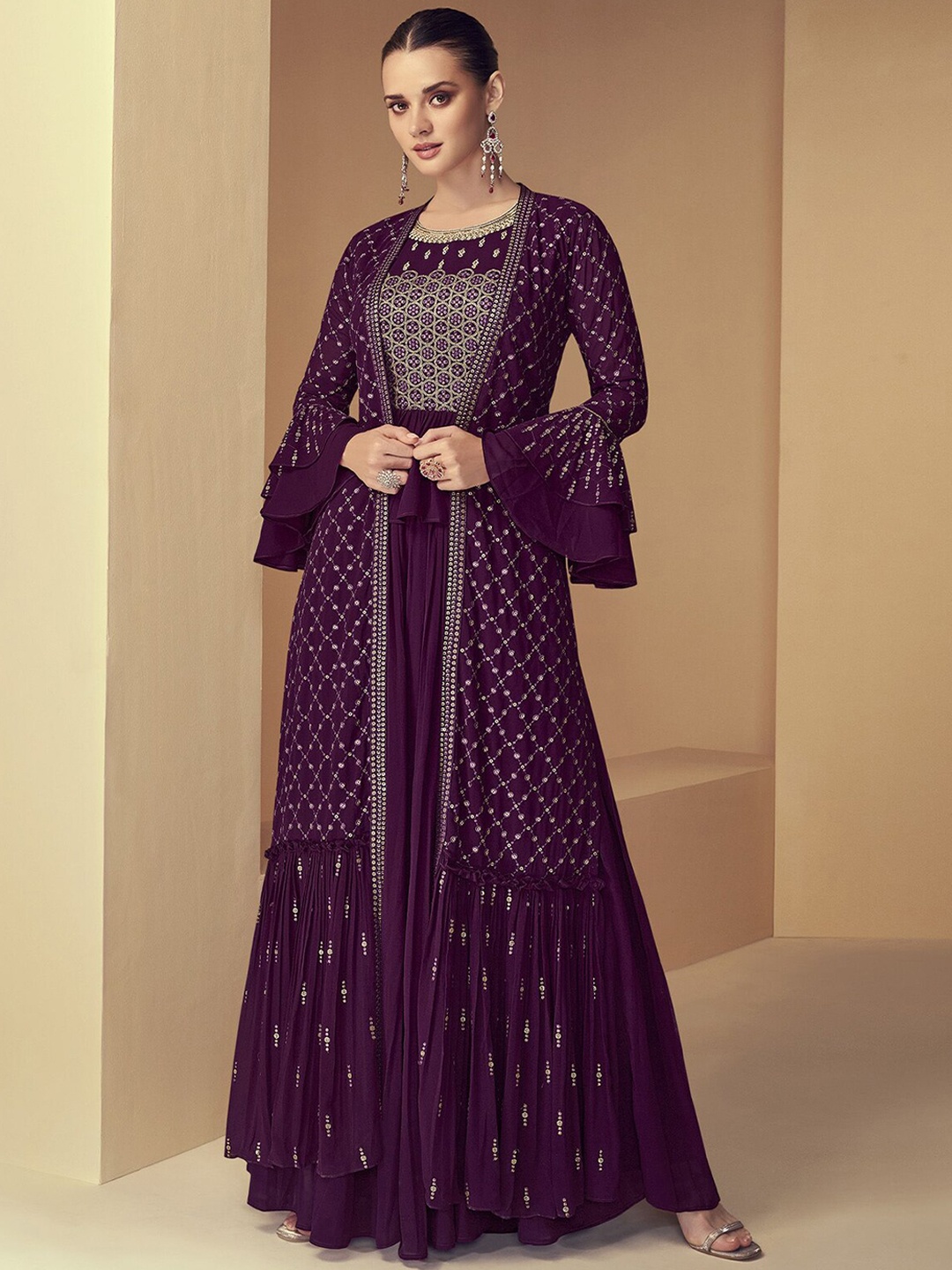 

ODETTE Embroidered Top With Palazzos & Longline Jacket, Purple