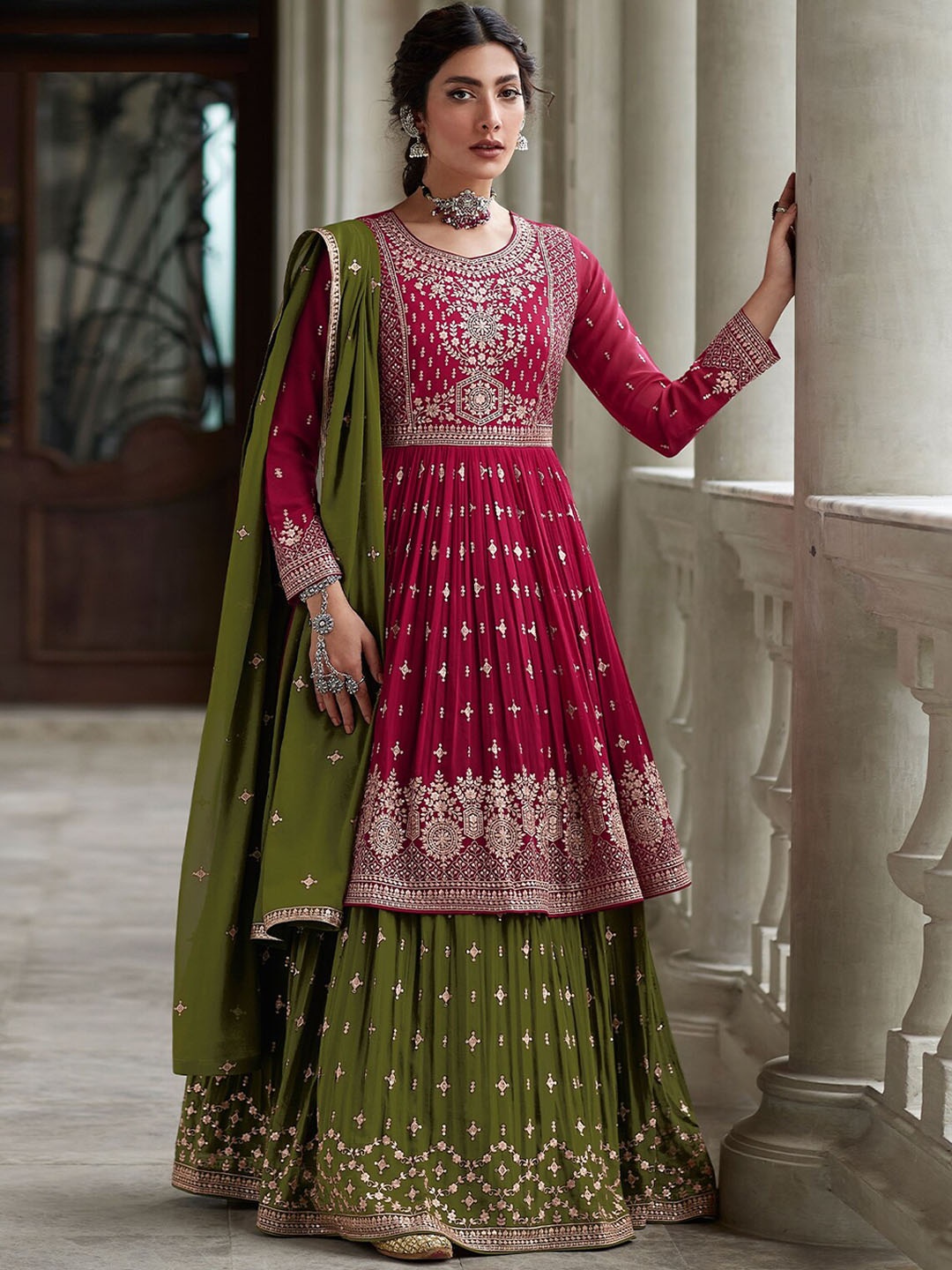

ODETTE Floral Embroidered Sequined Kurta with Skirt & Dupatta, Pink