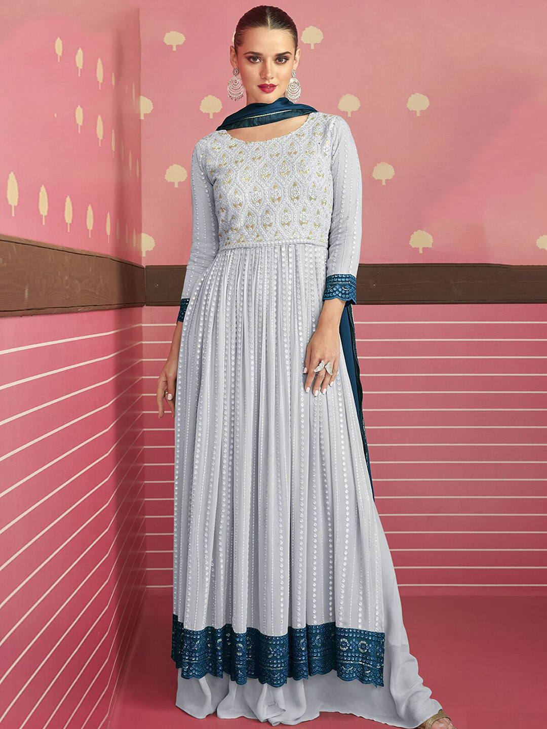 

ODETTE Ethnic Motifs Embroidered Pleated Sequined Mirror Work Kurta with Skirt & Dupatta, Grey