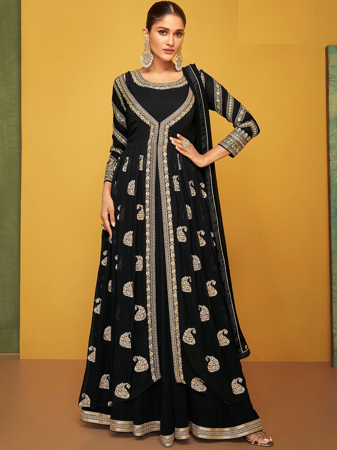 

ODETTE Paisley Woven Design Zari Semi Stitched Dress Material, Black