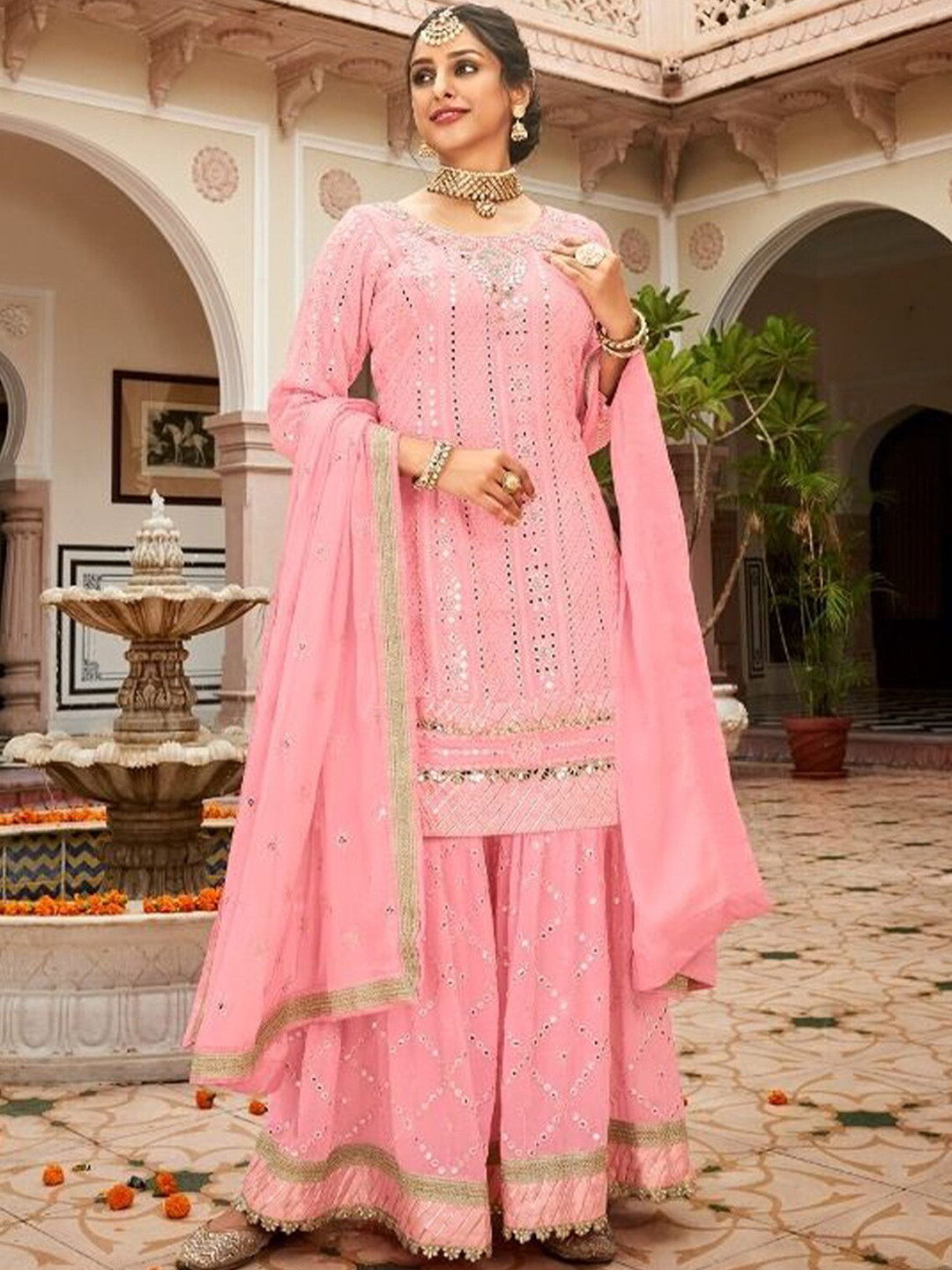 

ODETTE Ethnic Motifs Embroidered Mirror Work Kurta with Sharara & Dupatta, Pink