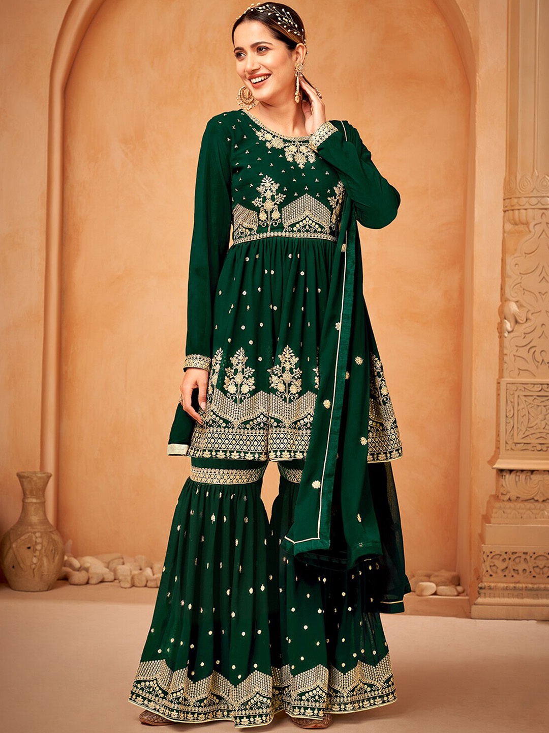 

ODETTE Ethnic Motifs Embroidered Semi Stitched Kurta With Sharara & Dupatta, Green
