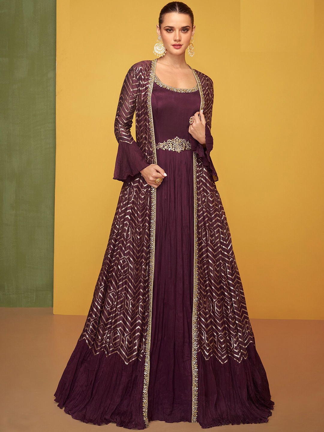 

ODETTE Ethnic Motifs Embroidered Sequined Fit & Flare Georgette Ethnic Dress with Jacket, Purple