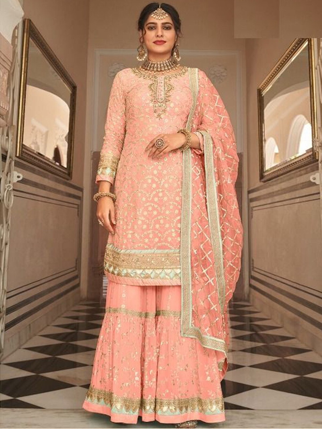 

ODETTE Ethnic Motifs Woven Design Sequinned Zari Kurta with Sharara & Dupatta, Peach