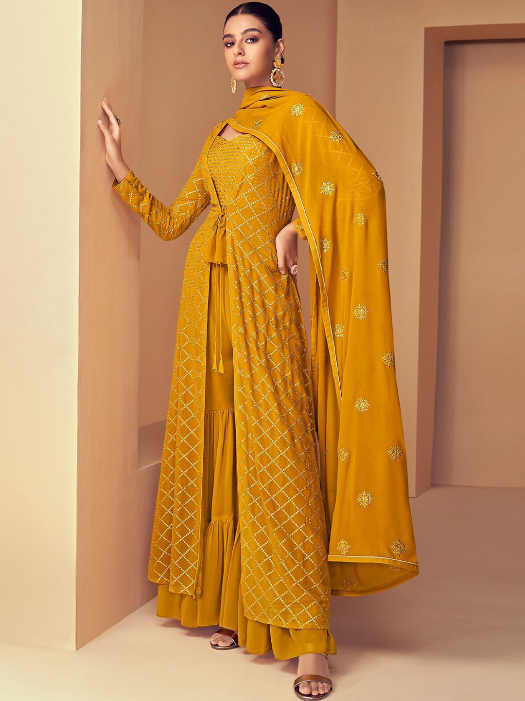 

ODETTE Ethnic Motifs Embroidered Sequined Top with Sharara, Dupatta & Jacket, Mustard