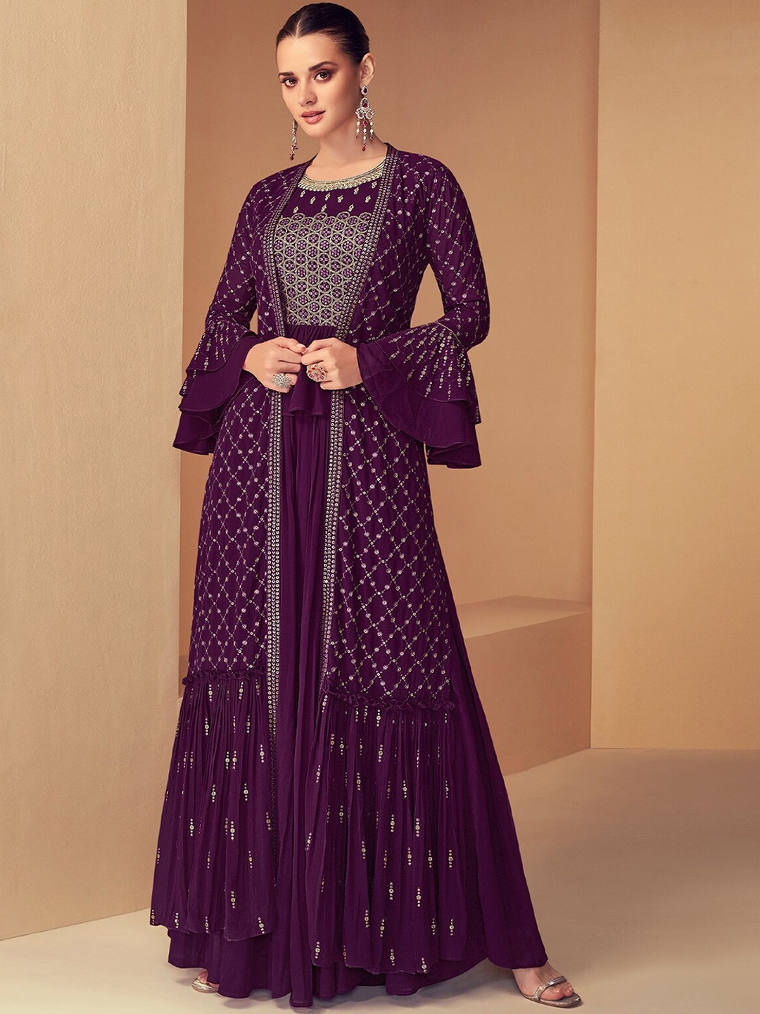 

ODETTE Ethnic Motifs Embellished Ethnic Top With Skirt & Jacket, Purple