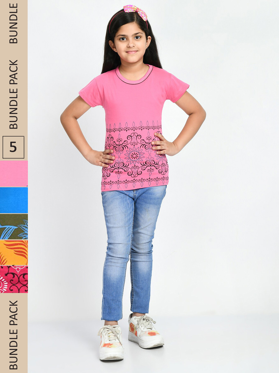 

IndiWeaves Girls Pack Of 5 Floral Printed Pure Cotton T-Shirts, Yellow
