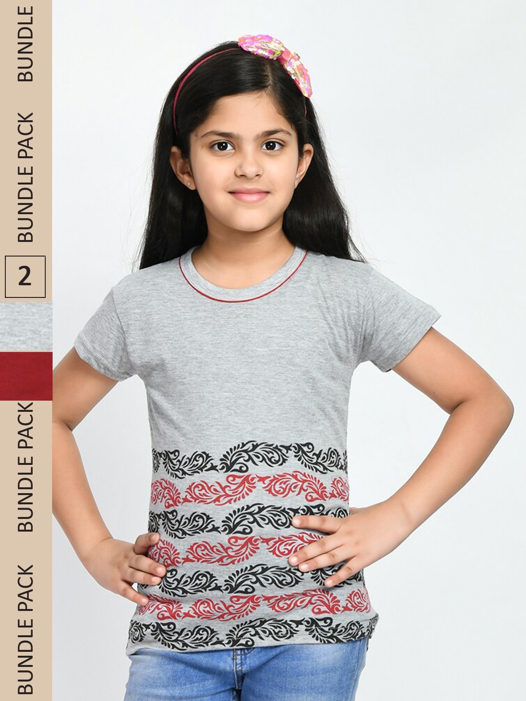 

IndiWeaves Girls Pack Of 2 Printed Pure Cotton T-shirt, Grey melange