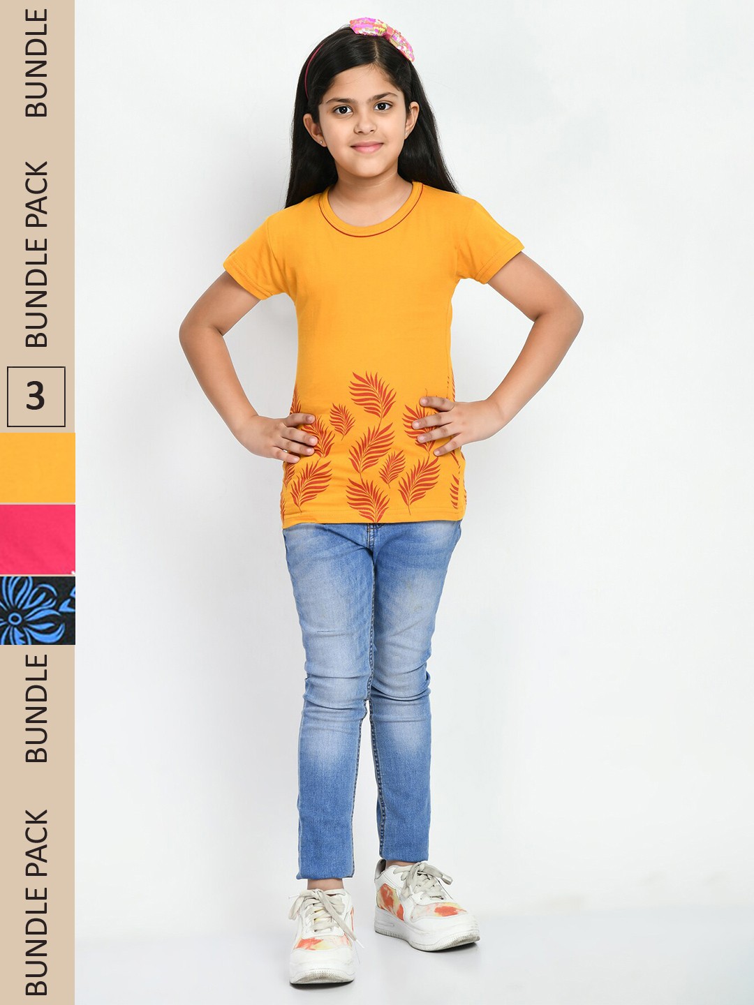 

IndiWeaves Girls Pack Of 3 Floral Printed Cotton T-shirt, Orange