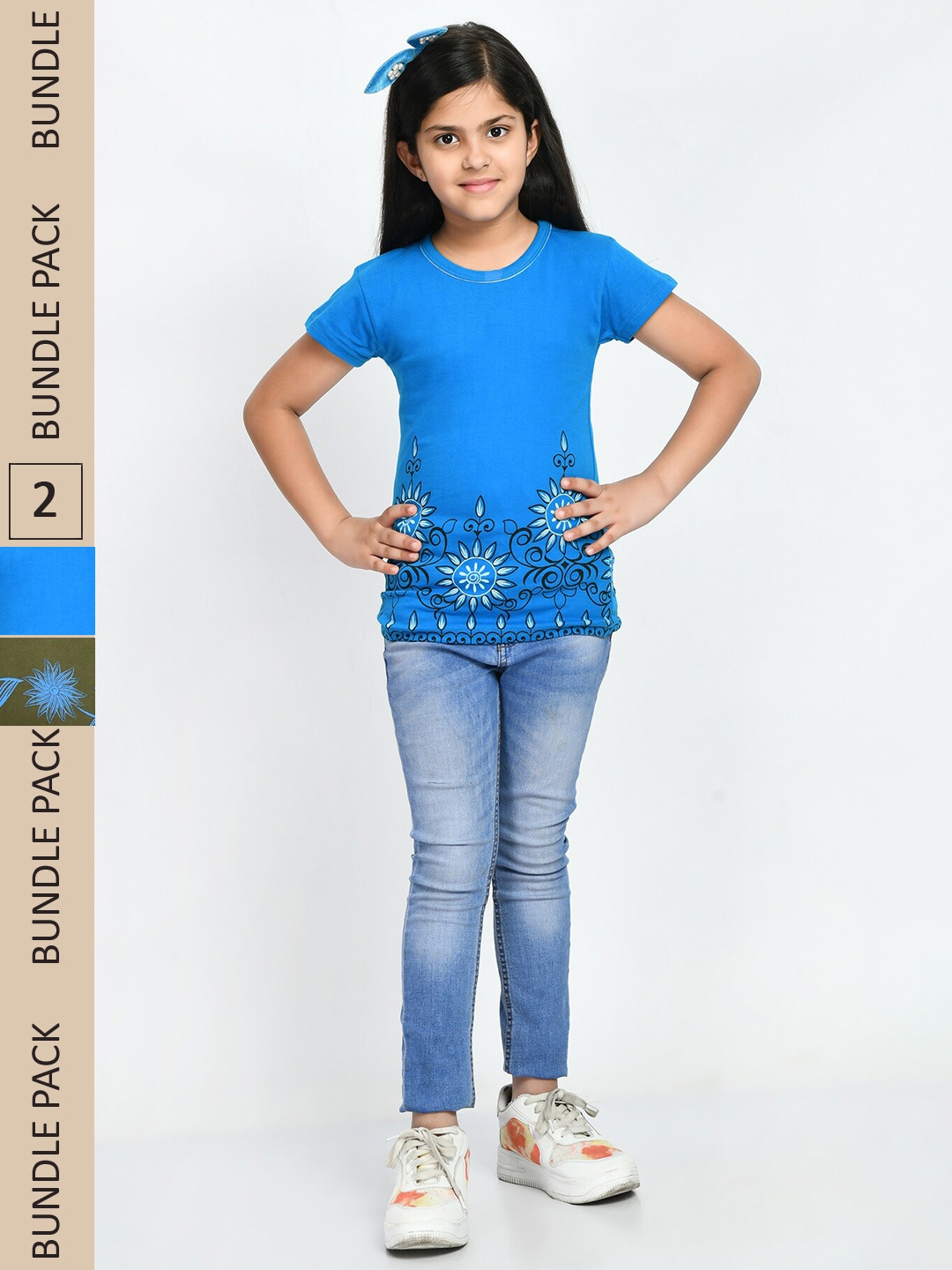 

IndiWeaves Girls Pack Of 2 Floral Printed Cotton T-shirt, Blue