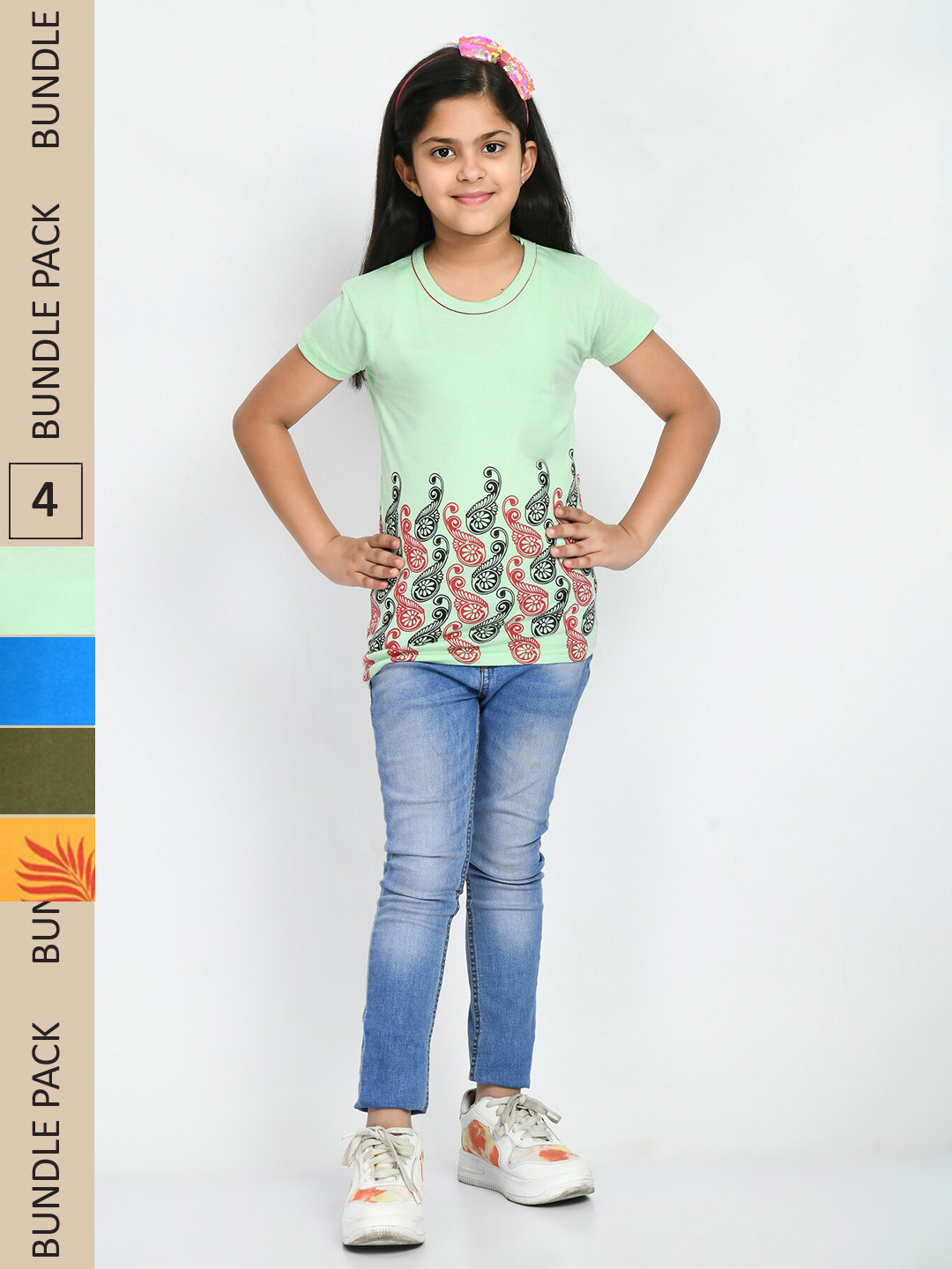 

IndiWeaves Girls Pack Of 4 Floral Printed Casual Pure Cotton T-shirts, Green