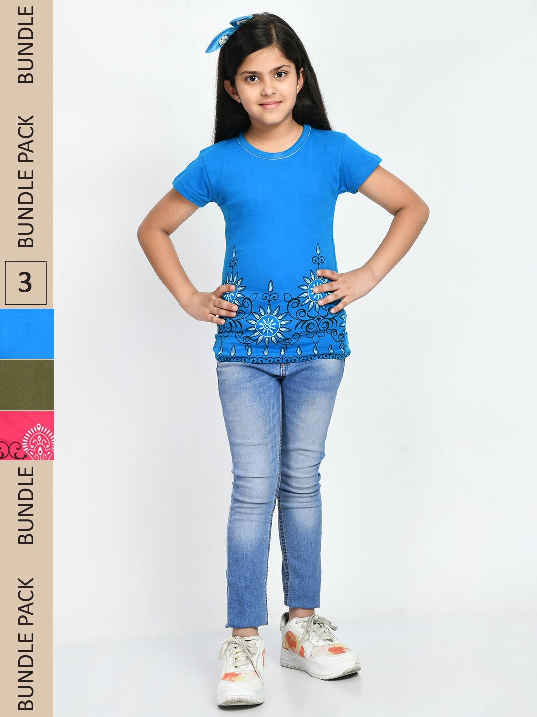 

IndiWeaves Girls Pack Of 3 Printed Pure Cotton T-shirt, Blue