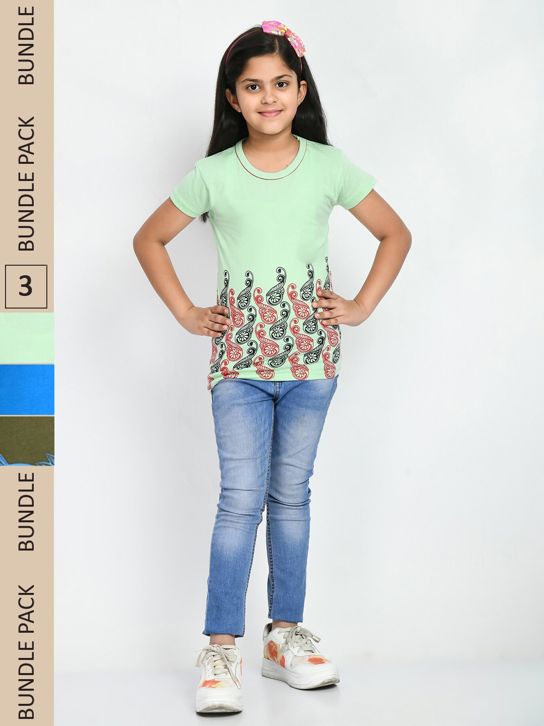 

IndiWeaves Girls Pack Of 3 Printed Pure Cotton T-shirt, Sea green