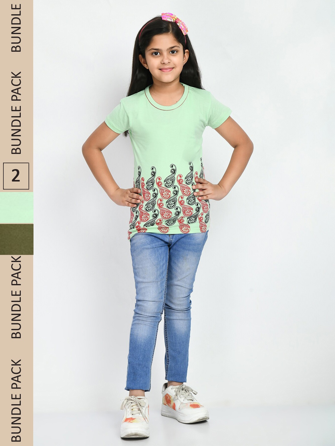 

IndiWeaves Girls Multicoloured 2 Printed Pockets T-shirt, Multi