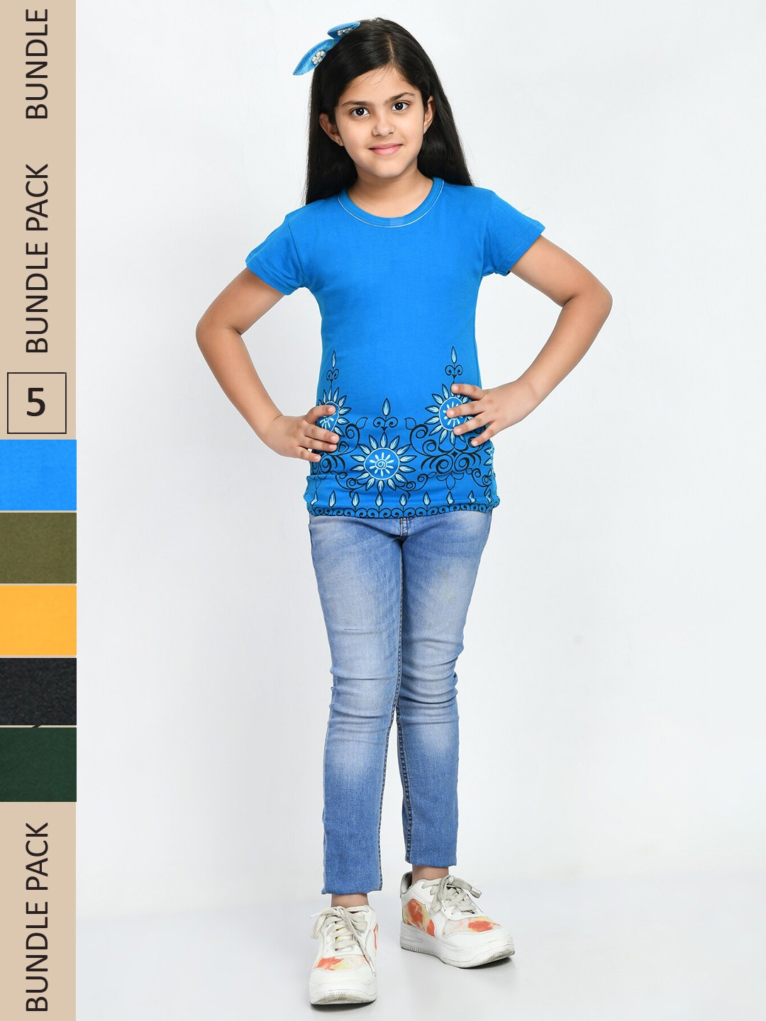 

IndiWeaves Girls Pack Of 5 Floral Printed Cotton T-shirt, Blue