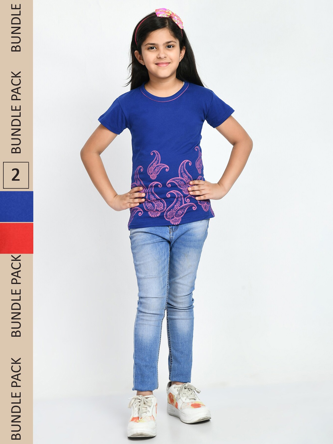 

IndiWeaves Girls Pack Of 2 Printed Pure Cotton T-shirt, Blue