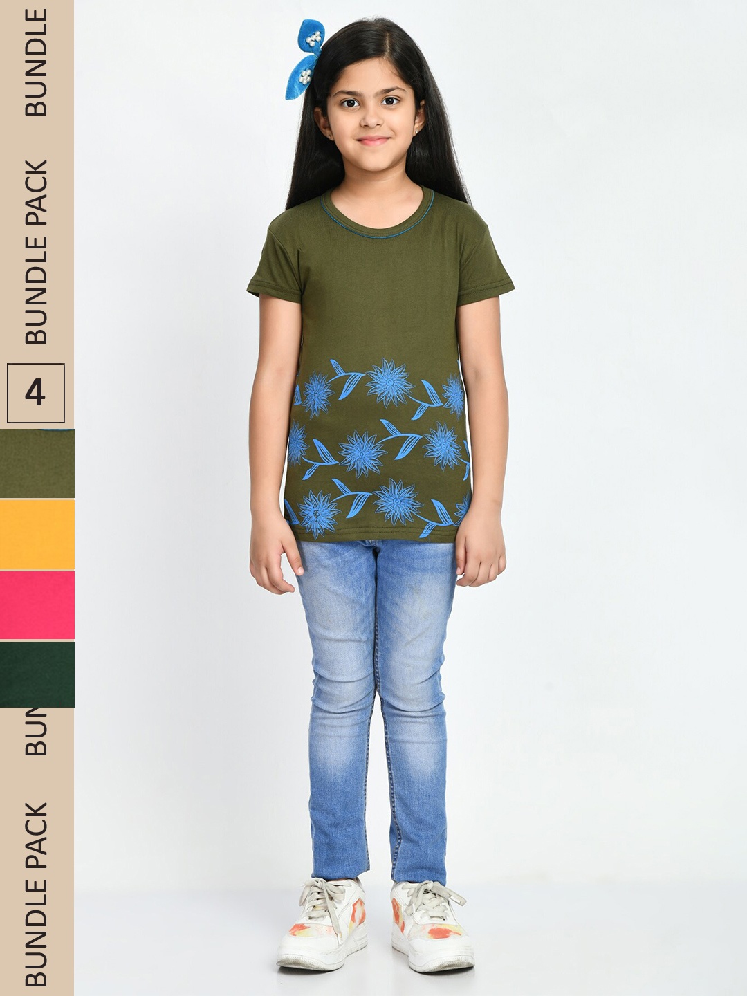 

IndiWeaves Girls Pack Of 3 Floral Printed Cotton T-shirt, Green