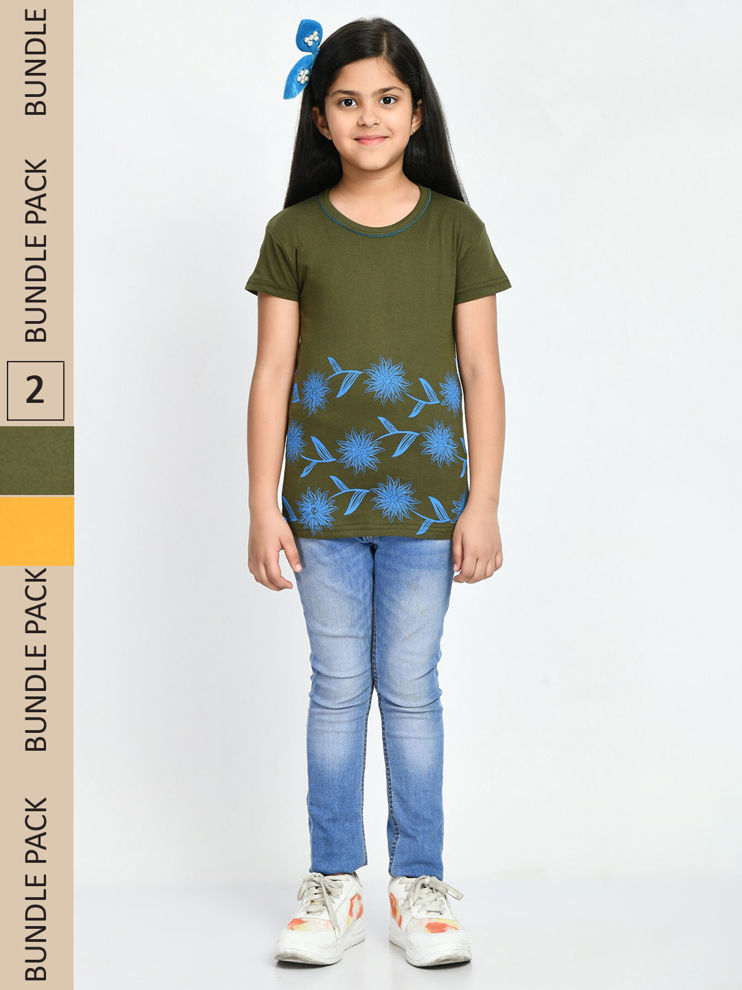 

IndiWeaves Girls Pack Of 2 Printed Pure Cotton T-shirt, Olive