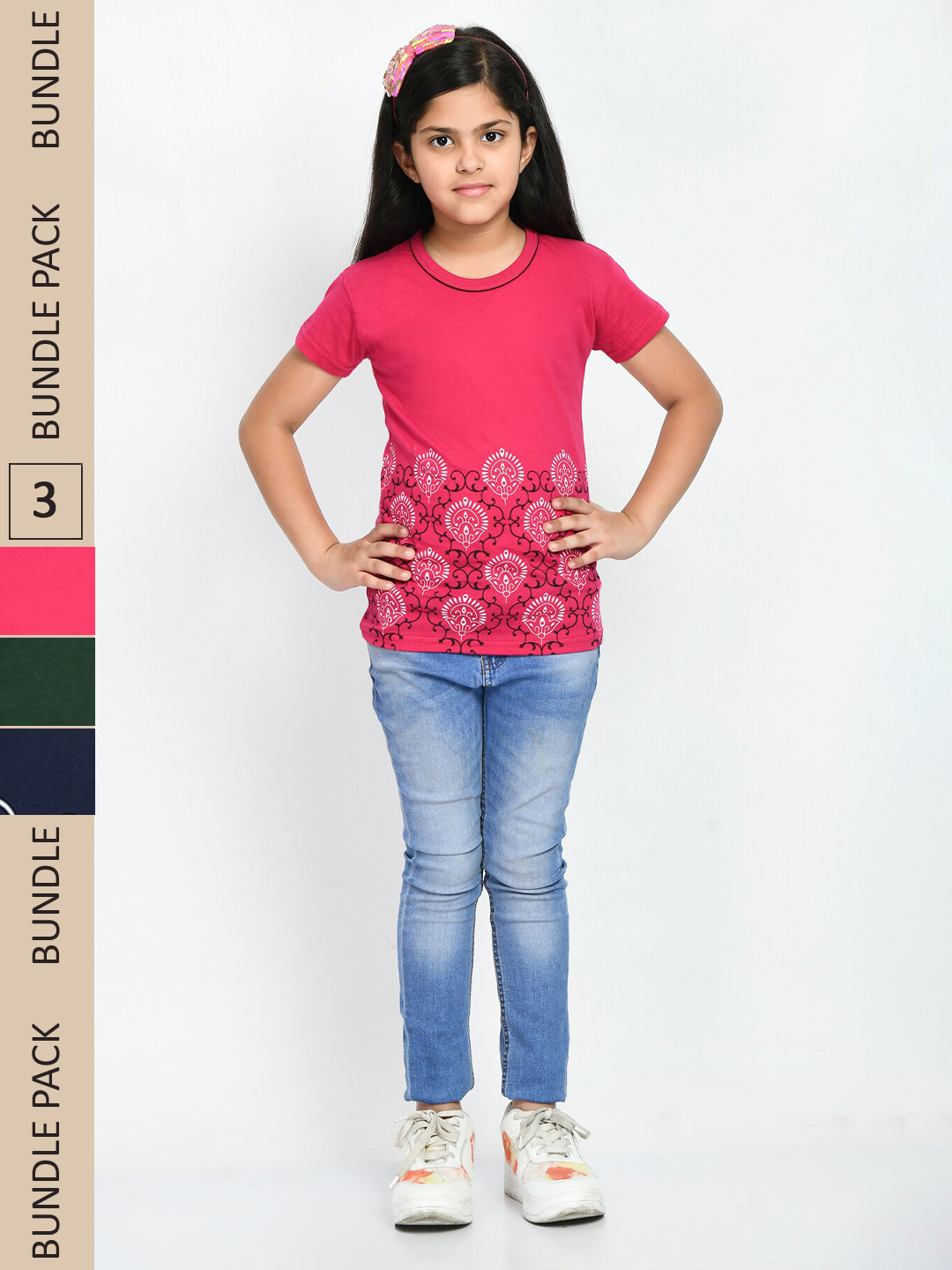 

IndiWeaves Girls Pack Of 3 Floral Printed Cotton T-shirt, Pink