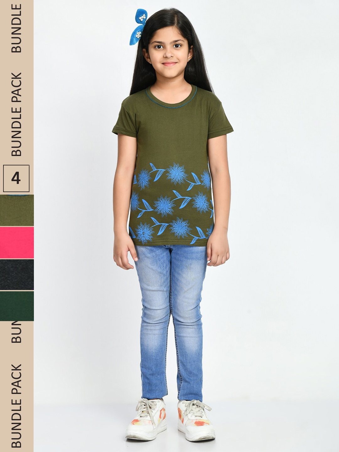 

IndiWeaves Girls Multicoloured Floral 4 Printed Polo Collar Pockets T-shirt, Multi