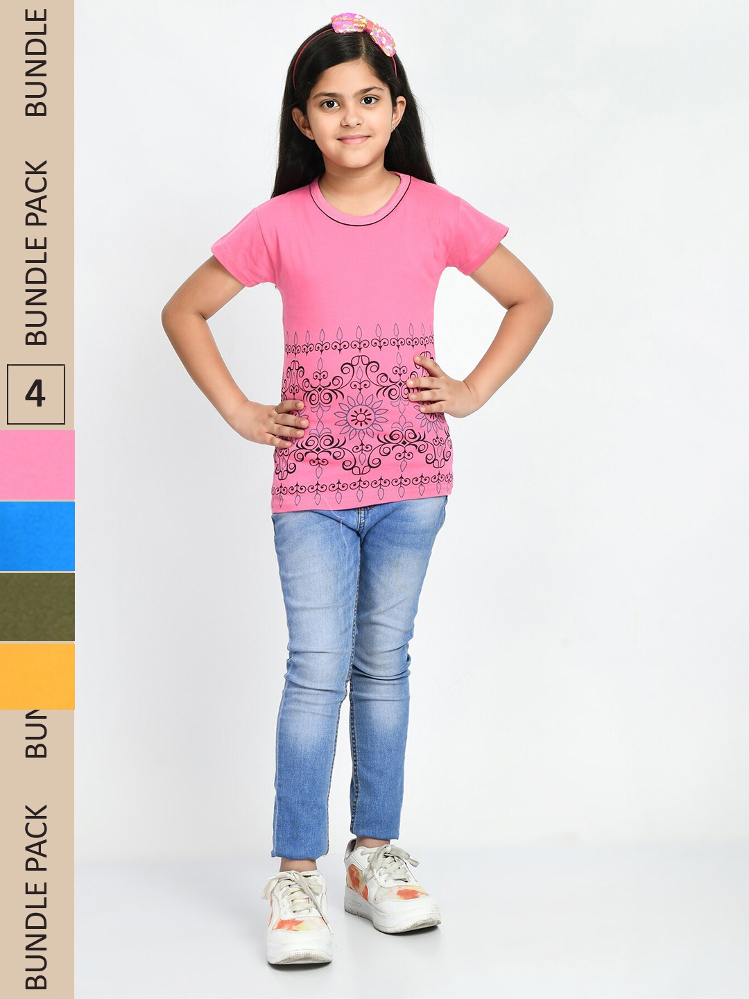 

IndiWeaves Girls Pack Of 4 Floral Printed Cotton T-shirt, Pink