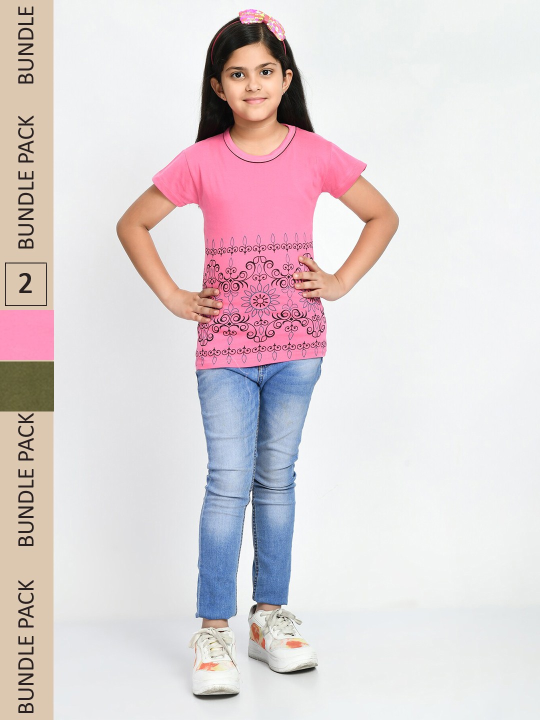 

IndiWeaves Girls Pack Of 2 Floral Printed Cotton T-shirt, Pink