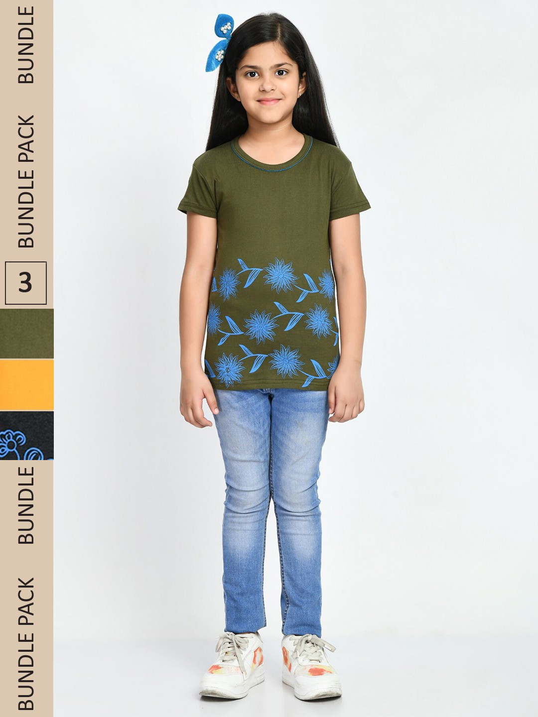 

IndiWeaves Girls Pack Of 3 Printed Pure Cotton T-shirt, Olive