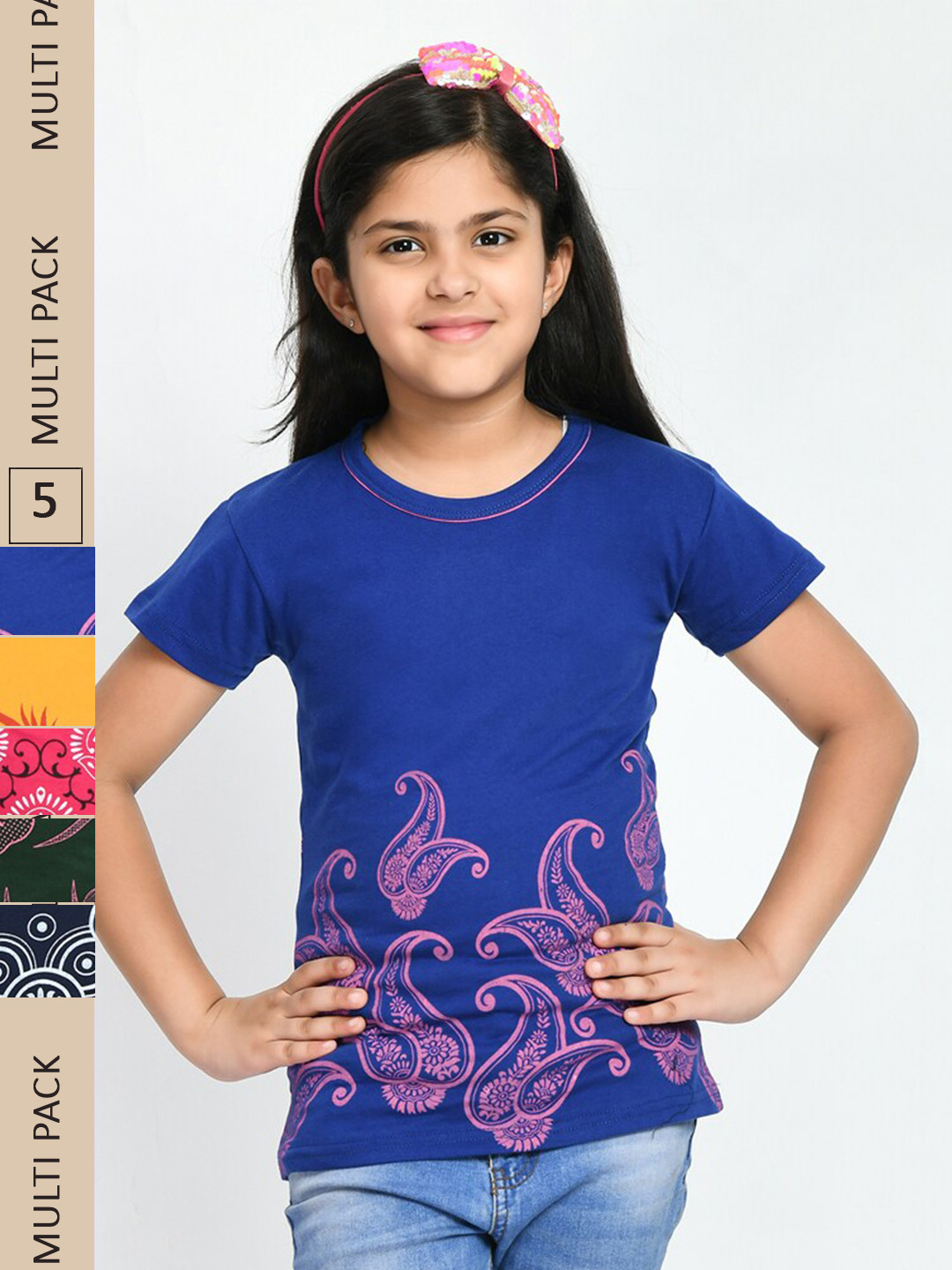 

IndiWeaves Girls Pack Of 5 Printed Pure Cotton T-shirt, Blue