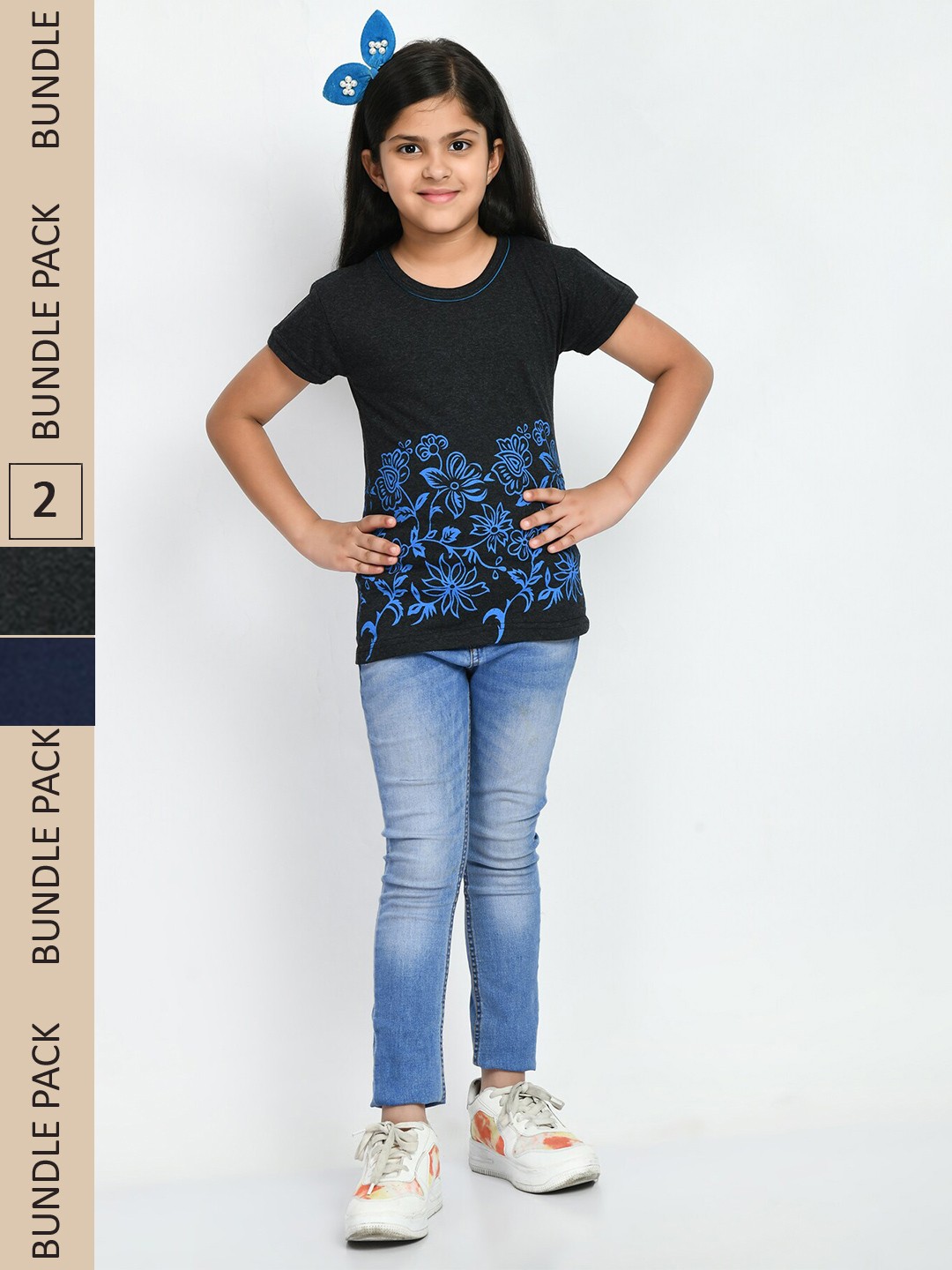 

IndiWeaves Girls Pack Of 2 Printed Pure Cotton T-shirt, Charcoal