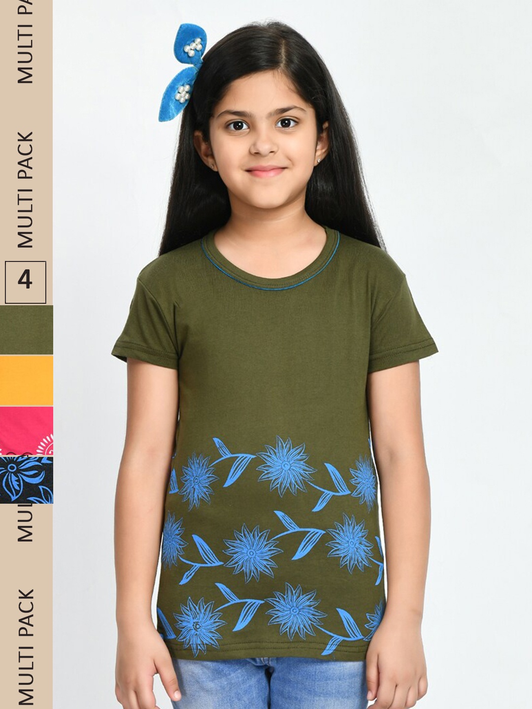 

IndiWeaves Girls Pack Of 4 Printed Pure Cotton T-shirt, Olive