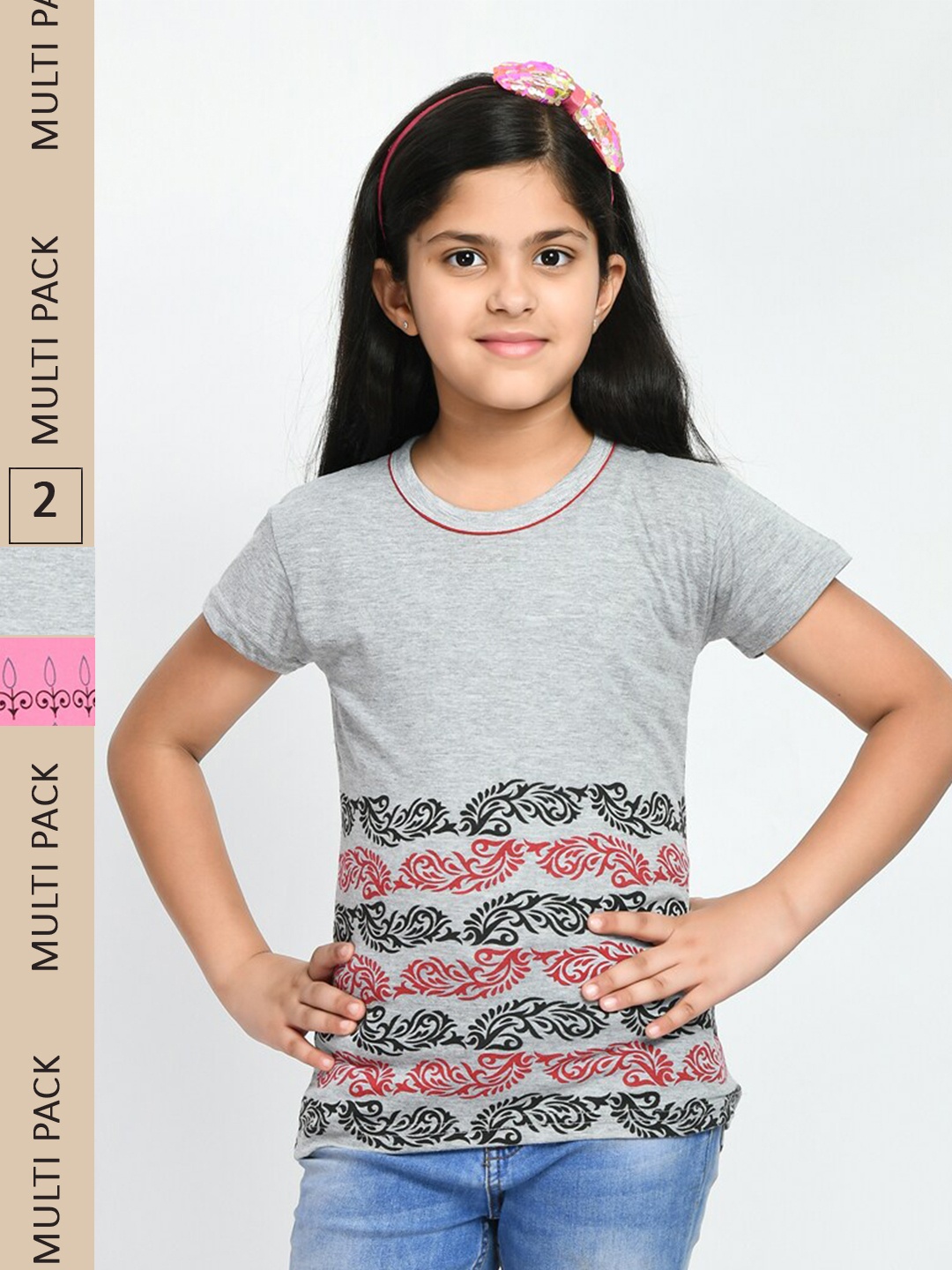 

IndiWeaves Girls Pack Of 2 Printed Pure Cotton T-shirt, Grey melange
