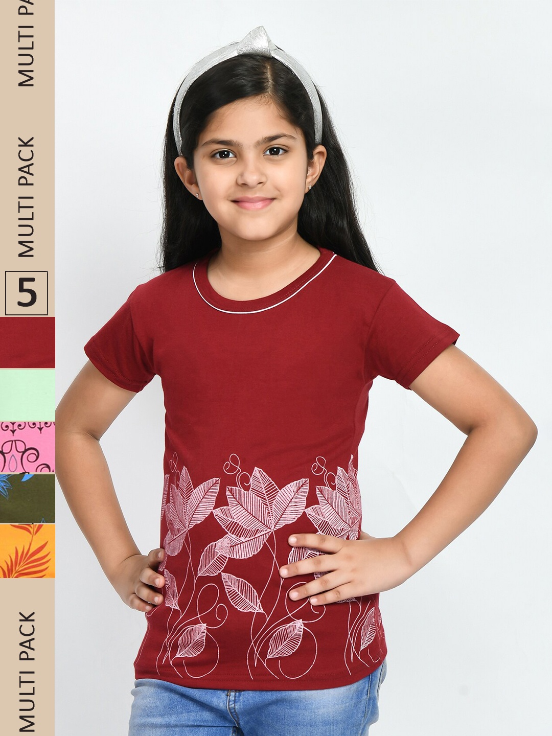 

IndiWeaves Girls Pack Of 5 Floral Printed Cotton T-shirt, Maroon