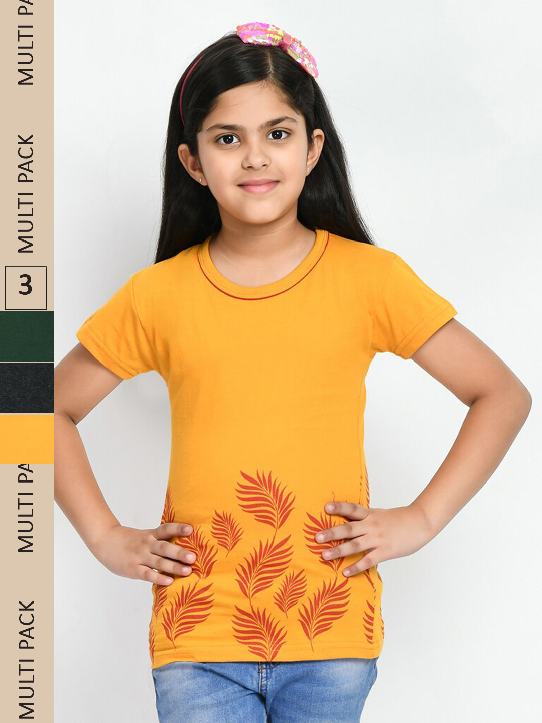 

IndiWeaves Girls Pack Of 3 Floral Printed Cotton T-shirt, Orange