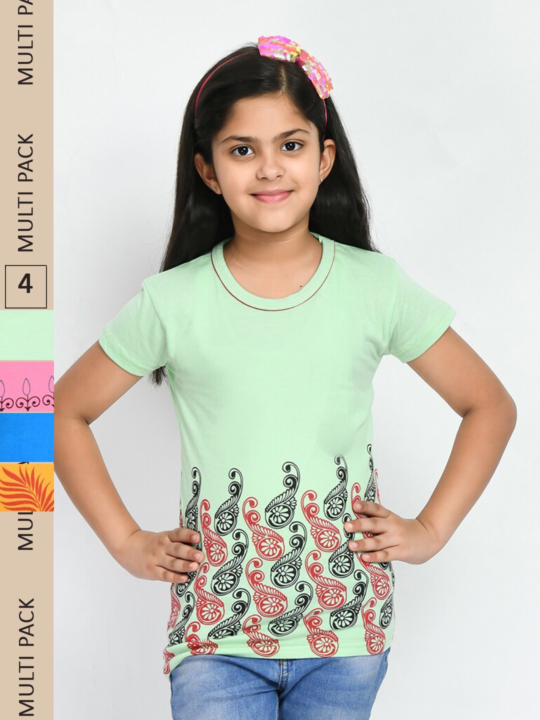 

IndiWeaves Girls Pack Of 4 Printed Pure Cotton T-shirt, Sea green